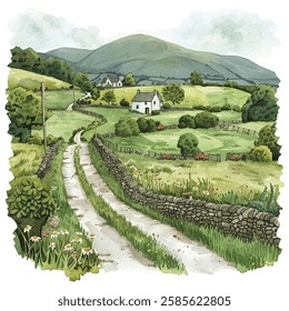 irish countryside vector illustration in watercolor style