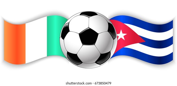 Irish and Cuban wavy flags with football ball. Ireland combined with Cuba isolated on white. Football match or international sport competition concept.