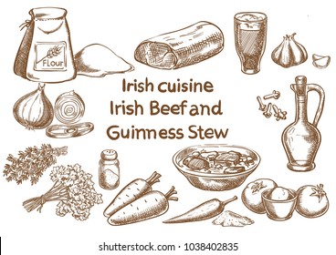 Irish cuisine. Irish Beef and Guinness stew  ingredients. Sketch drawing.