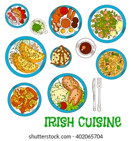 Irish cuisine dishes with vegetable lamb stew and potato pancakes boxty, potato stew coddle with sausages, mashed potato with fish, bread, meringue dessert with strawberries, green beer and coffee cup svg