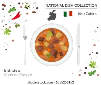 Irish Cuisine. European national dish collection. Irish stew  isolated on white, infographic. Vector illustration