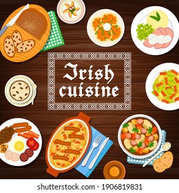 Irish cuisine food menu, breakfast dishes, meals of Ireland, vector stew, pudding and bread with raisins. Irish restaurant traditional cuisine food lamb and beef meat, Irish coffee and Dublin coddle svg