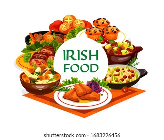 Irish cuisine food vector design of vegetable meal with meat stews and fish dishes. Mashed potato colcannon, red cabbage salad, grilled salmon, beef and lamb, soda bread and lingonberry cupcakes svg