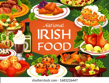 Irish cuisine food vector meal of meat, vegetable and fish with bread. Potato pancakes, irish stews with beef, lamb and rabbit, soda bread and berry cupcake, salmon with cabbage salad and colcannon svg