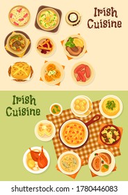 Irish cuisine food vector set of meat, vegetable and fish dishes. Potato salad, boxty and farl pancakes, beef beer stew, pork sausages and salmon soup, cabbage ham casserole, cherry pie and cookies svg