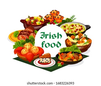 Irish cuisine food with vegetable meat stews and bread vector design. Mashed potato and cabbage colcannon, soda and raisins bread, baked beef rolls, lamb stew and lingonberry cupcakes, Ireland meal svg