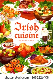 Irish cuisine meal of vegetable, meat and fish, vector food. Potato pancakes, beef and rabbit stews, grilled salmon with cabbage salad, colcannon, soda bread and lingonberry cupcakes with Irish coffee svg