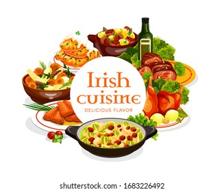 Irish cuisine meat and fish dishes with vegetables, vector food. Irish stew, baked beef rolls and rabbit, potato pancakes and red cabbage salad with grilled salmon and colcannon with spices and herbs svg