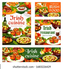 Irish cuisine meat, vegetable and fish meal with desserts, vector food. Beef, lamb and rabbit stews, potato pancakes, cabbage salad and grilled salmon, soda bread, lingonberry cupcakes and colcannon svg