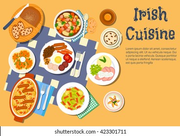Irish cuisine with potato pancakes boxty and stew coddle, breakfast with beer, brussels sprouts bacon salad and beef with mashed potato, lamb stew and coffee with raisin bread and strawberry dessert svg