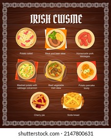 Irish cuisine restaurant dishes menu. Soda bread, beef vegetable Irish stew and cherry pie, potato salad, homemade pork sausages, and Boxty pancake, meat and beer stew vector. Irish food meals banner svg