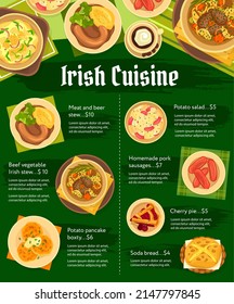 Irish cuisine restaurant meals and dishes menu template. Meat and beer stew, beef vegetable Irish stew and potato pancake boxty and salad, homemade pork sausages and cherry pie, soda bread vector svg