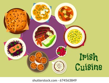 Irish cuisine tasty dinner menu icon of lamb vegetable stew, beef with cabbage and potato, salmon with red cabbage salad, mashed potato with cabbage and onion, potato pancake, raisin bread and cupcake