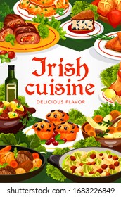 Irish cuisine vector dishes of meat, fish and vegetable food. Irish stews with beef, lamb and rabbit, potato pancakes and mashed colcannon, raisins bread, cabbage salad and cupcakes frame border svg