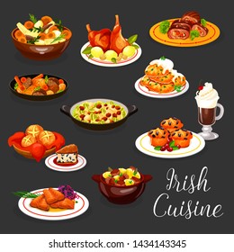 Irish cuisine vector fish and meat with coffee and dessert. Salmon with red cabbage salad, potato pancake, lamb and rabbit vegetable stews, stuffed beef, veggie casserole, berry cupcake and soda bread svg