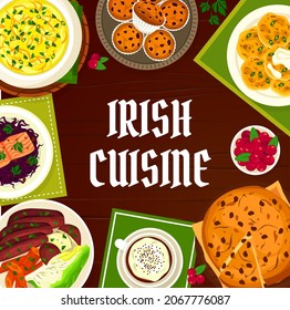 Irish cuisine vector menu cover with meals potato pancake boxty, fish soup and soda bread with raisins. Cowberry cupcakes, black pudding with vegetables and red cabbage salad with salmon Ireland meals svg