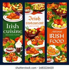 Irish cuisine vegetable meat stew, fish and soda bread, food vector banners. Potato pancakes, cabbage salad and grilled salmon, lamb, beef and rabbit stews, lingonberry cupcakes and colcannon svg