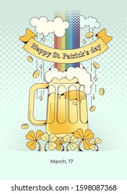 Irish cultural holiday Patrick 's Day. Rainbow, beer, trialist, golden rain symbols of Ireland. Flat-style illustration. Hard palette, format vector.