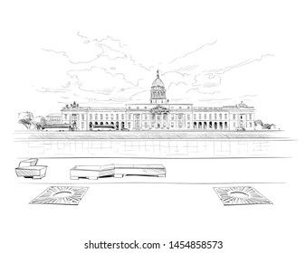 Irish Customs Building architectural landmark. Dublin, Ireland. Urban sketch. Hand drawn vector illustration. 