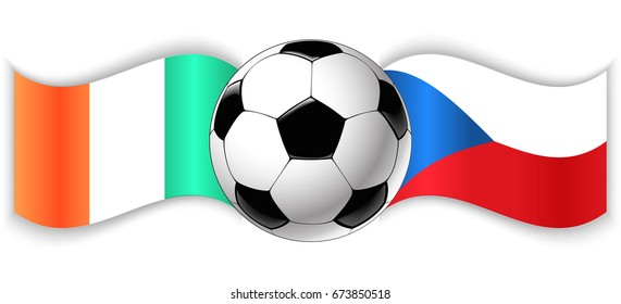 Irish and Czech wavy flags with football ball. Ireland combined with Czech Republic isolated on white. Football match or international sport competition concept.