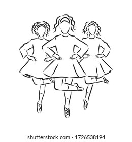 Irish Dance Troupe Jumping Together in Traditional Dresses and Ghillies. Irish dancing vector sketch illustration