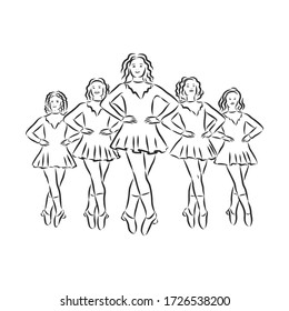 Irish Dance Troupe Jumping Together in Traditional Dresses and Ghillies. Irish dancing vector sketch illustration