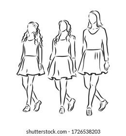 Irish Dance Troupe Jumping Together in Traditional Dresses and Ghillies. Irish dancing vector sketch illustration