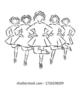 Irish Dance Troupe Jumping Together in Traditional Dresses and Ghillies. Irish dancing vector sketch illustration