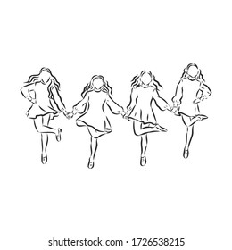 Irish Dance Troupe Jumping Together in Traditional Dresses and Ghillies. Irish dancing vector sketch illustration