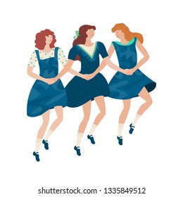 Irish dancers. Girls performing step dance. Hand drawn vector illustration in flat colors on white background. 
