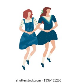 Irish dancers. Girls performing step dance. Hand drawn vector illustration in flat colors on white background. 
