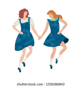 Irish dancers. Girls performing step dance. Hand drawn vector illustration in flat colors on white background. 
