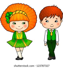 Irish dancers kids - boy and girl - in traditional dress and soft shoes