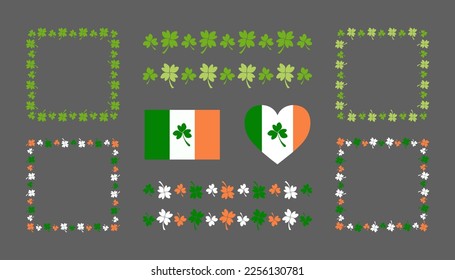 Irish decorative elements on St. Patrick Day - square frame and border line. Traditional leaves - Clover and Shamrock. Irish leves ornament for Saint Patrick's Day. Ireland flag and heart shape icon. 