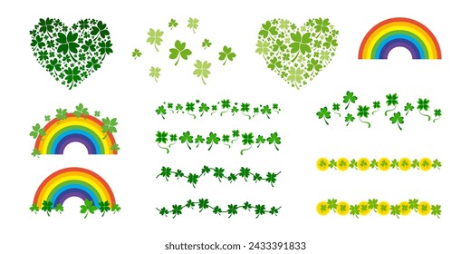 Irische dekorative Elemente am St. Patrick Day - irische Grenzlinien, Regenbogen. Traditionelle Blätter - Klee und Shamrock. Irish Leves Pattern Line für Saint Patrick's Day. Hinterlässt die Darstellung der Herzform.