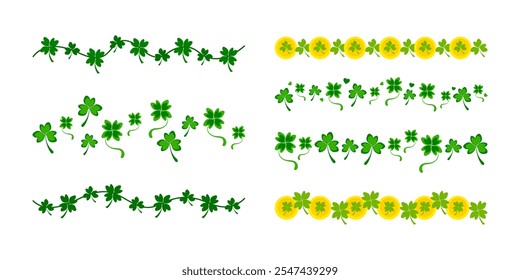 Irish decorative elements on St. Patrick Day - Irish border lines, Patricks pattern lines. Traditional leaves - Clover and Shamrock. Irish leves coins frame line for Saint Patrick's Day.