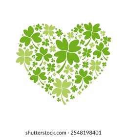 Irish decorative heart element on St. Patrick Day. Heart from traditional leaves - Clover and Shamrock. Irish leves patterned heart for Saint Patrick's Day. Green leaves heart shape illustration.