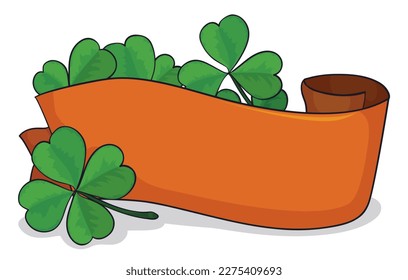 Irish design with blank ribbon in orange color decorated with green shamrocks. Template in cartoon style.
