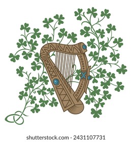 Irish design in vintage, retro style. Harp and clover leaves in Celtic style with ethnic ornament, isolated on white, vector illustration