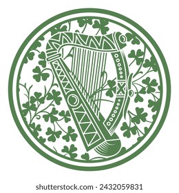 Irish design in vintage, retro style. Harp and clover leaves in Celtic style with ethnic ornament, isolated on white, vector illustration