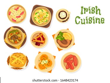 Irish dishes of meat and vegetable stew with soda bread, cream coffee and fruit dessert. Vector potato salad and pancake boxty, pork sausages, beef stewed in beer and cherry pie, food of Ireland svg