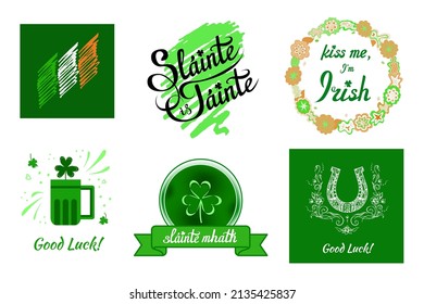 Irish elements, emblems with national flag, wishes of health and luck, beer mug, shamrock, joke in flower wreath, horseshoe. Greeting ornate vector designs for prints