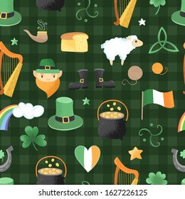 Irish elements on a green checkered background. Leprechauns and national symbols in cartoon style, doodle illustration, seamless pattern