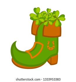 Irish elf boot with clovers inside. Patrick day. Vector ilustration design