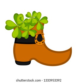 Irish elf boot with clovers inside. Patrick day. Vector ilustration design