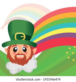 Irish elf cartoon and a rainbow. Saint patricks day illustrattion - Vector