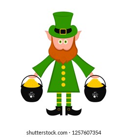 Irish elf with a gold coins pots. Saint patrick day. Vector illustration design