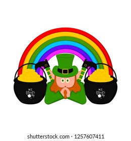 Irish elf with gold coins pots and a rainbow. Vector illustration design