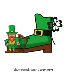 Irish elf with harp cartoon