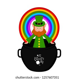 Irish elf in a pot with a rainbow. Saint patricks day. Vector illustratin design
